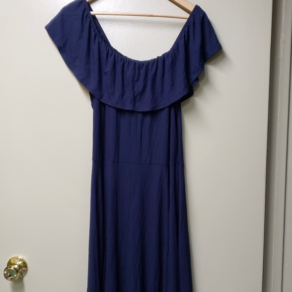 George Dark Blue Dress With Wide Gathered Top Neckline - Picture 3 of 6